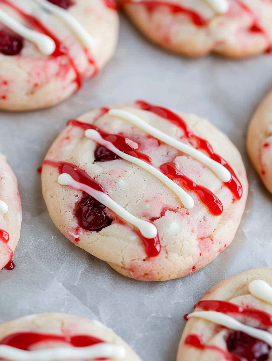 A close up of a cookie with red icing and white icing.