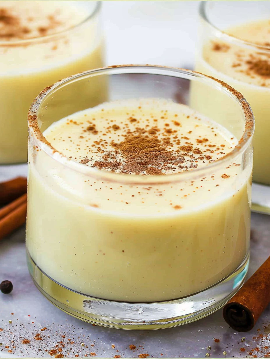 A glass of eggnog with cinnamon on top.