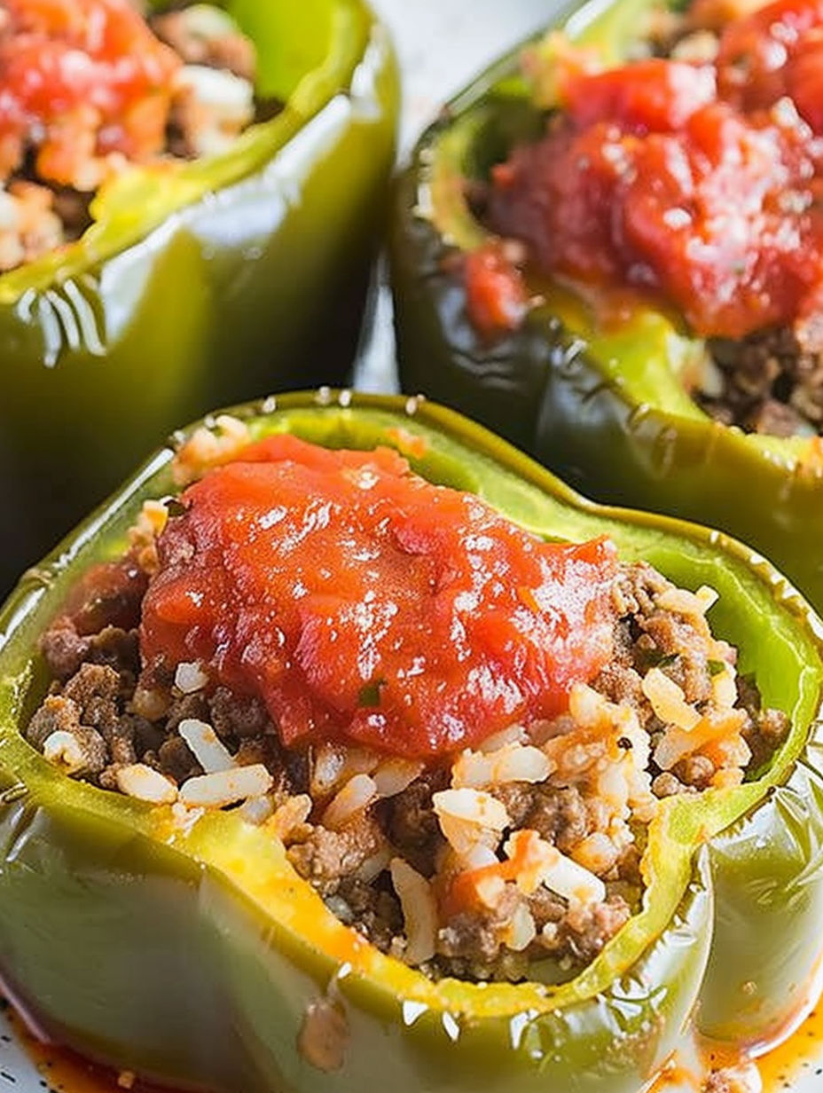 A close up of a pepper with meat and sauce.