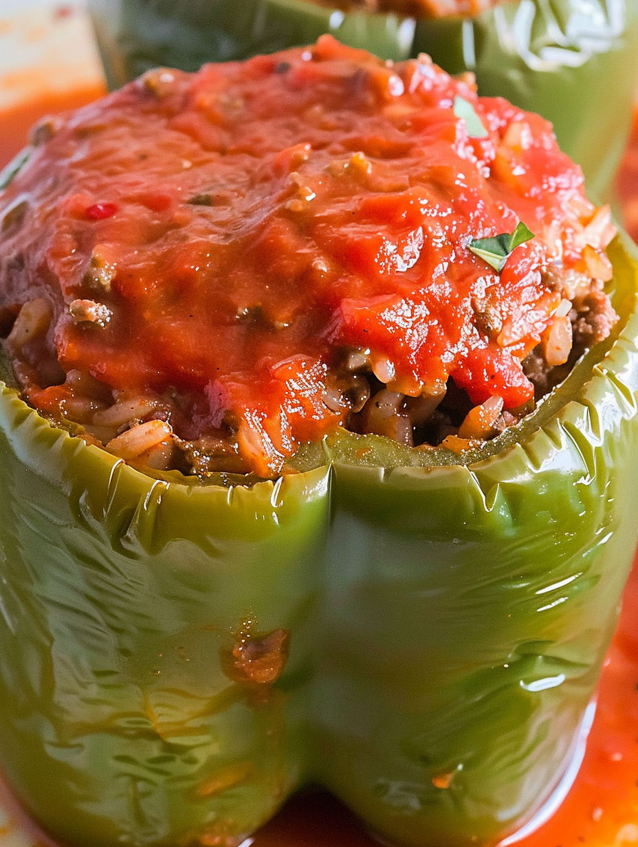 A close up of a stuffed pepper with rice and tomato sauce.