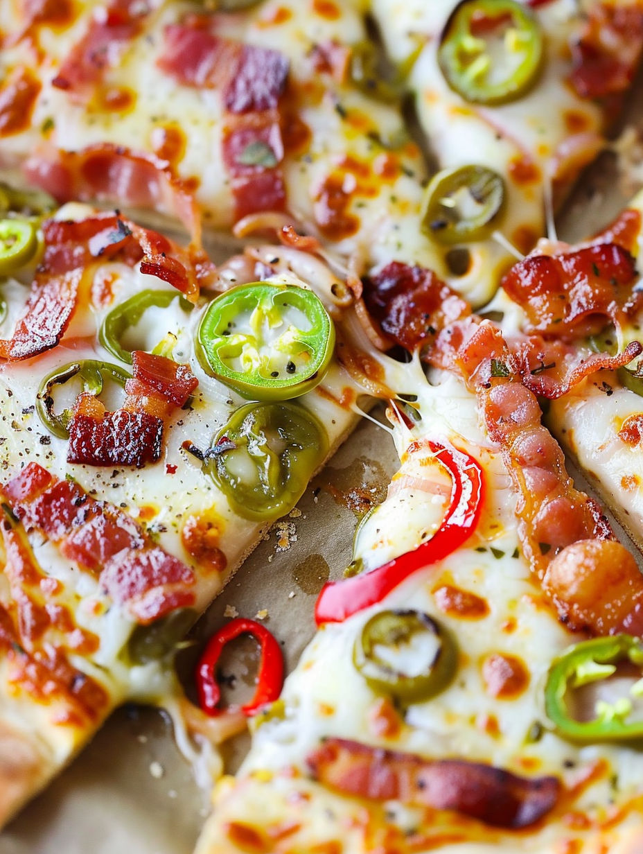 A slice of jalapeno popper pizza.