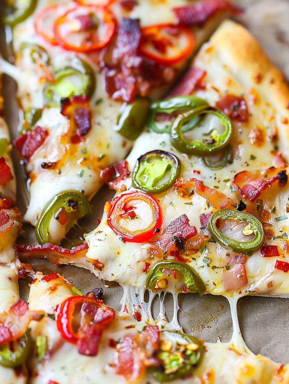 A slice of jalapeno popper pizza.