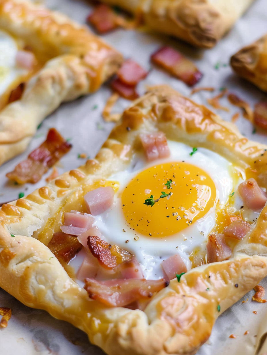 A pastry with a fried egg in the center.