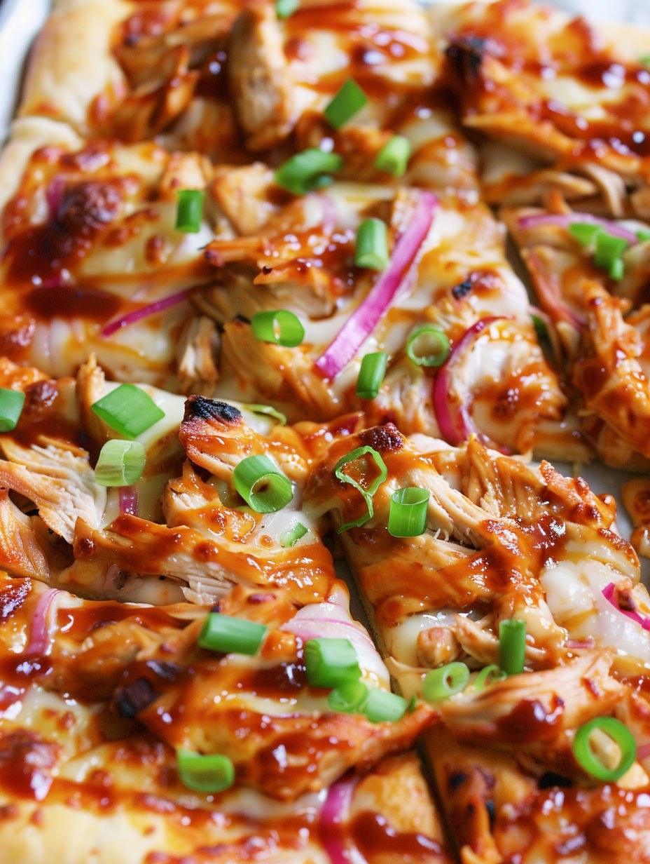 A pizza with BBQ chicken and onions.