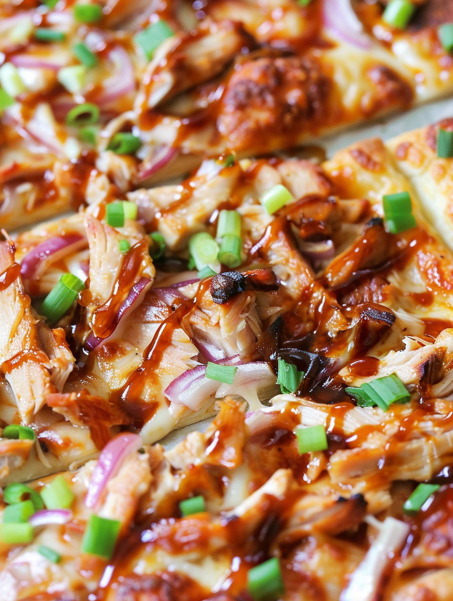 A BBQ chicken pizza with onions and green peppers.