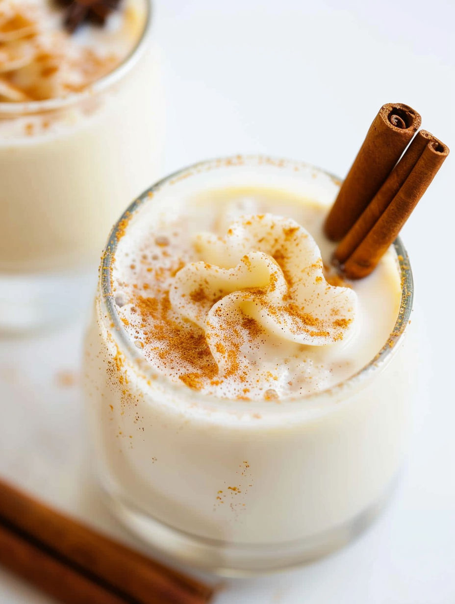 A glass of homemade traditional eggnog with cinnamon sticks in it.