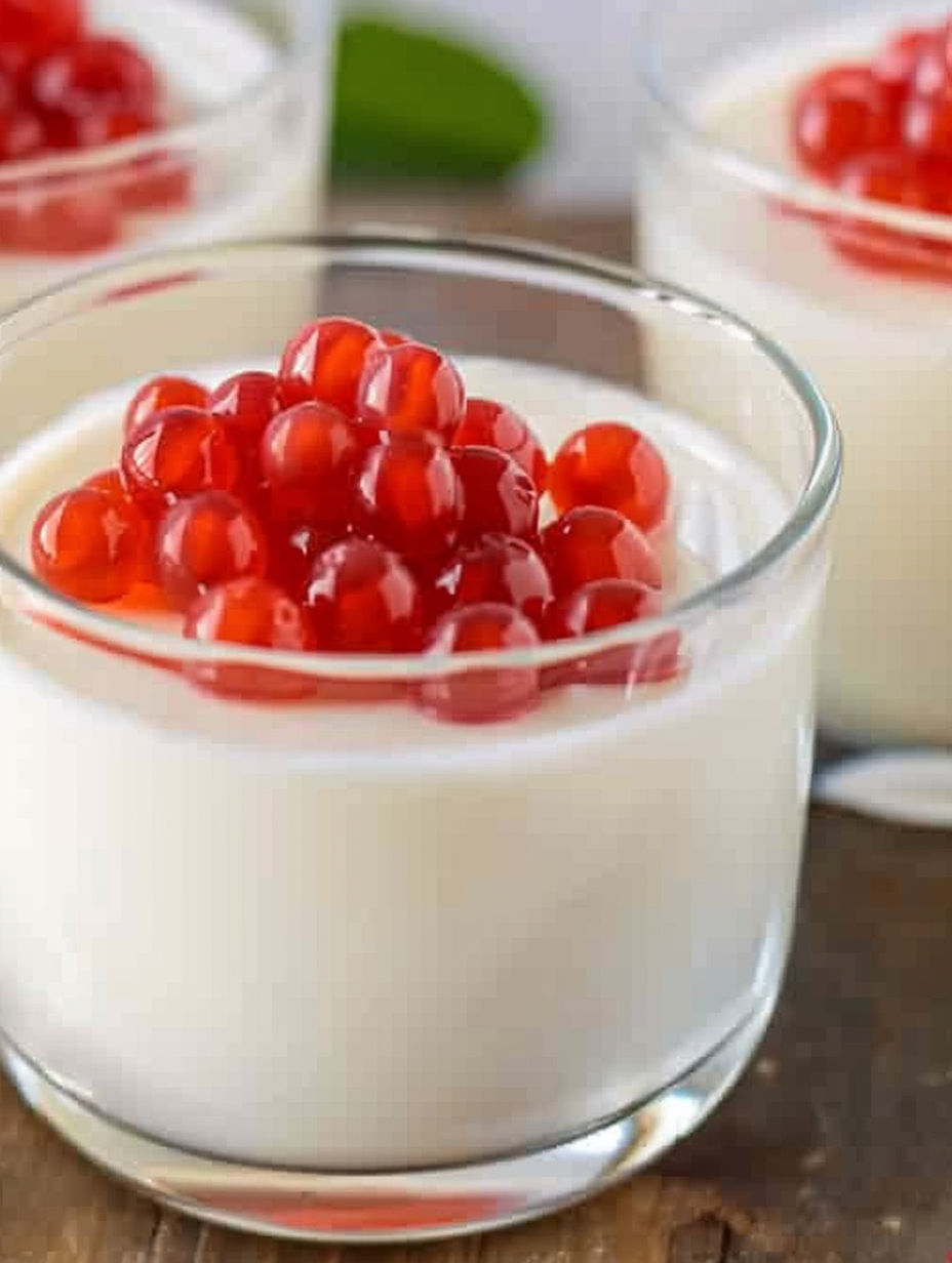A glass of yogurt with red berries on top.