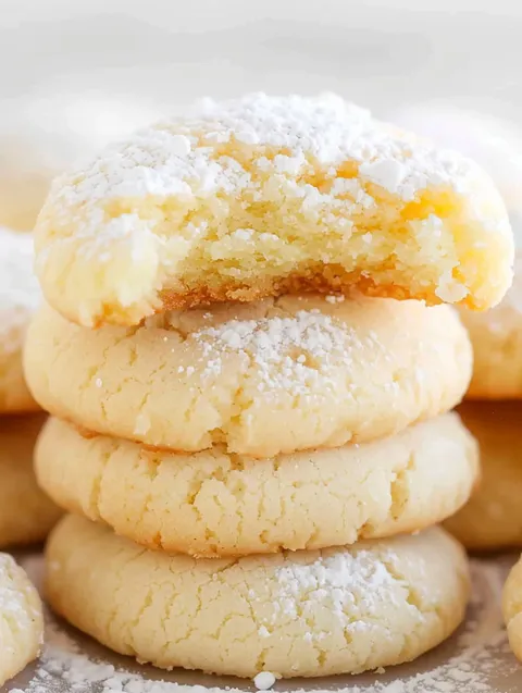 A stack of cream cheese cookies with powdered sugar on top.