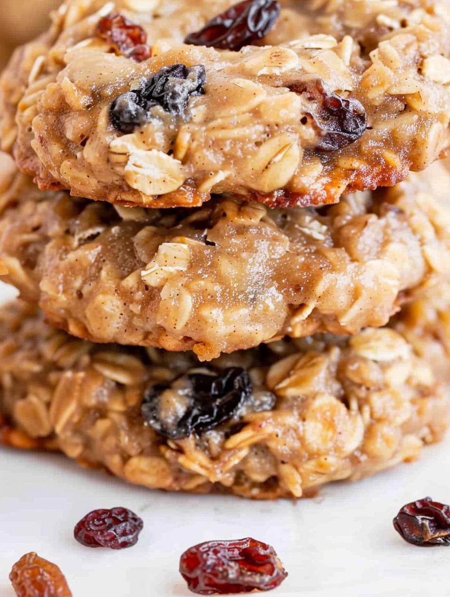 Three stacks of oatmeal raisin cookies.