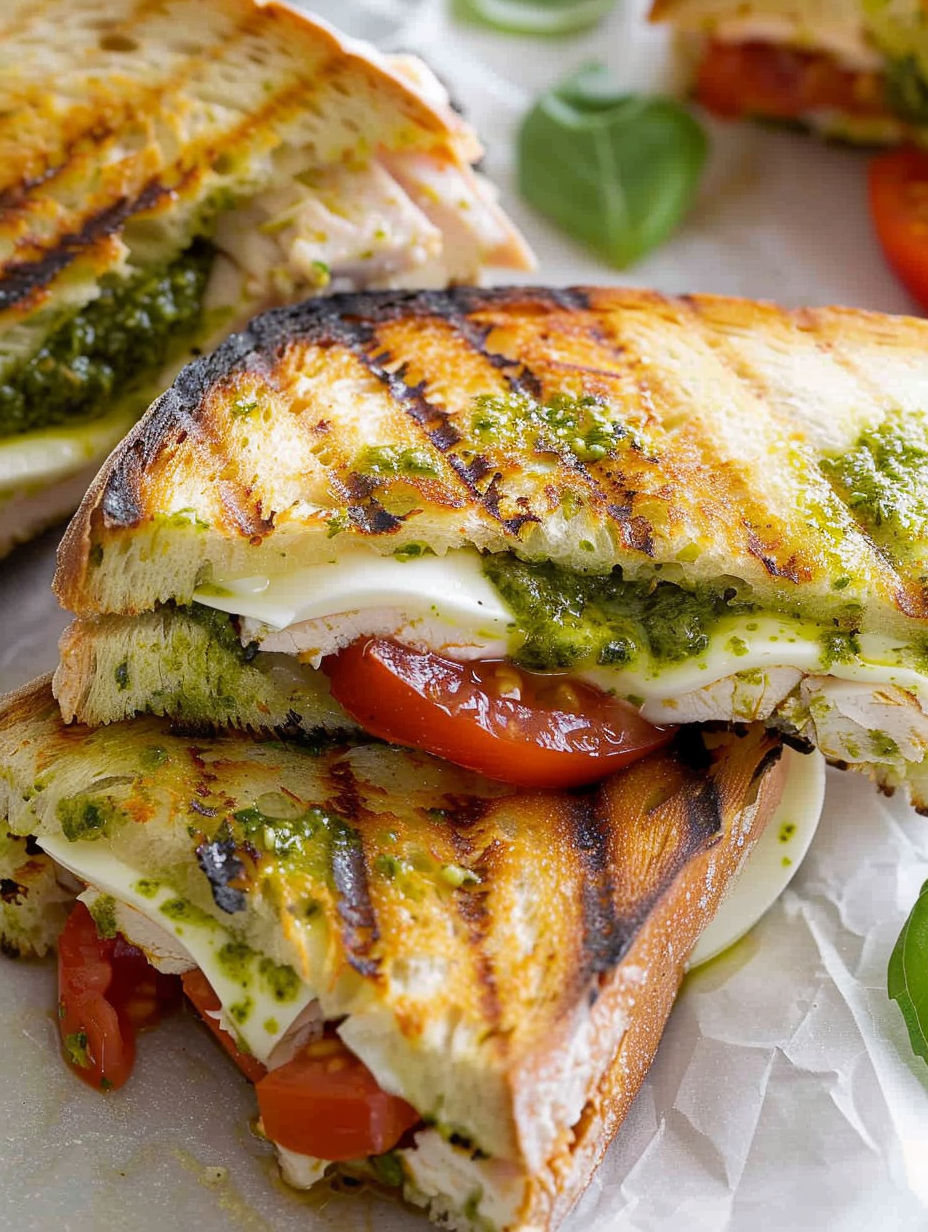 A chicken pesto panini sandwich with tomato and basil.