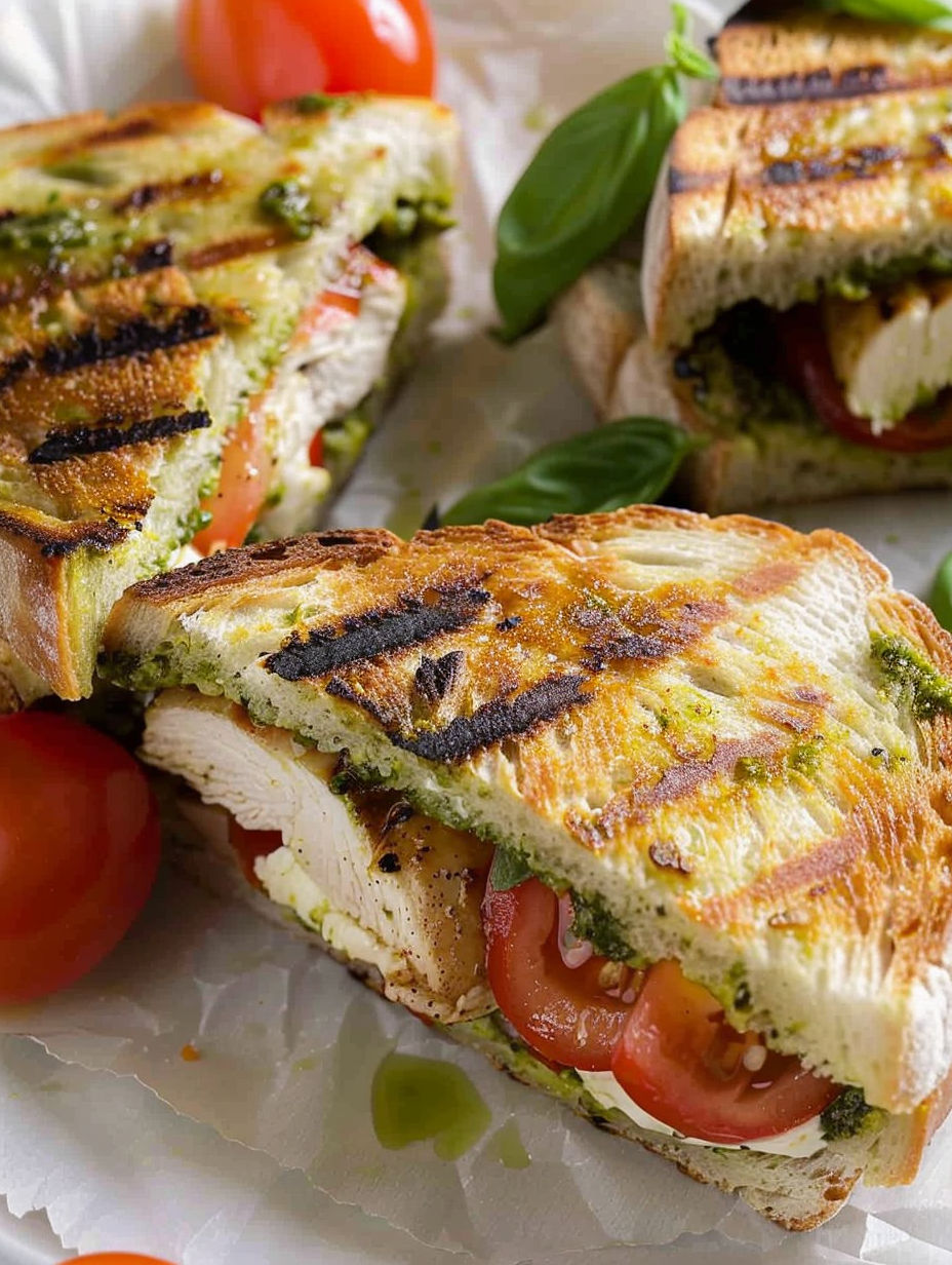 A chicken pesto panini sandwich on a white plate.