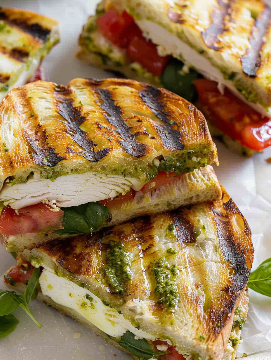 A close up of a chicken pesto panini sandwich.