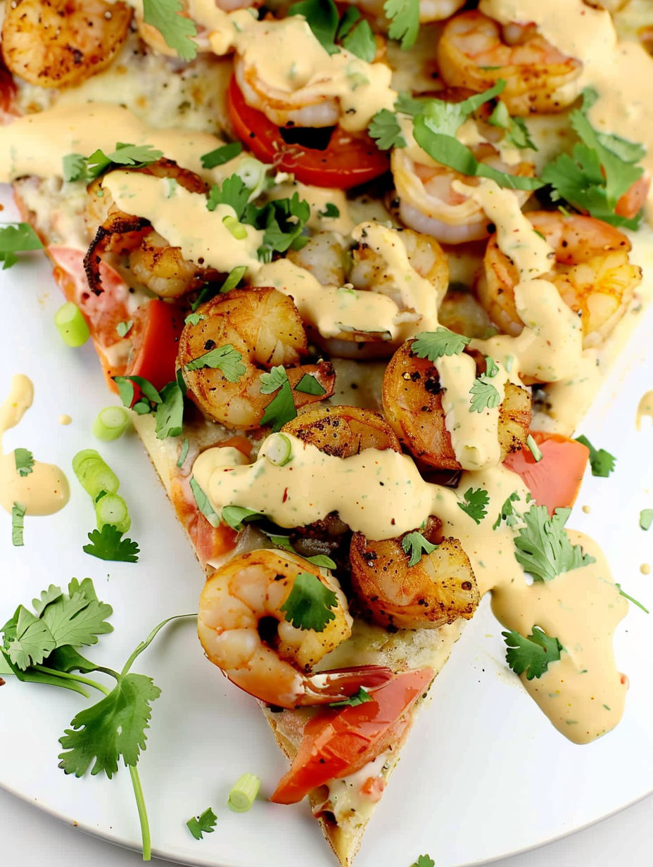 A slice of shrimp po' boy pizza with a drizzle of sauce.