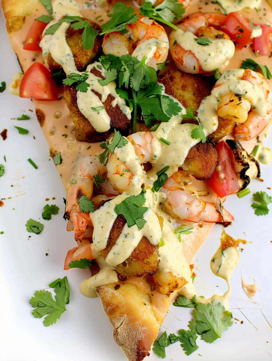 A slice of shrimp po' boy pizza.