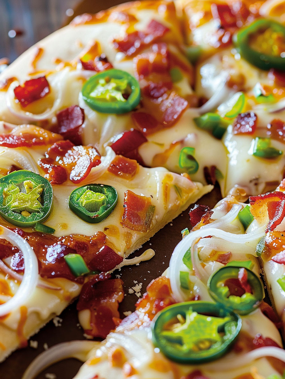 A slice of jalapeno popper pizza.
