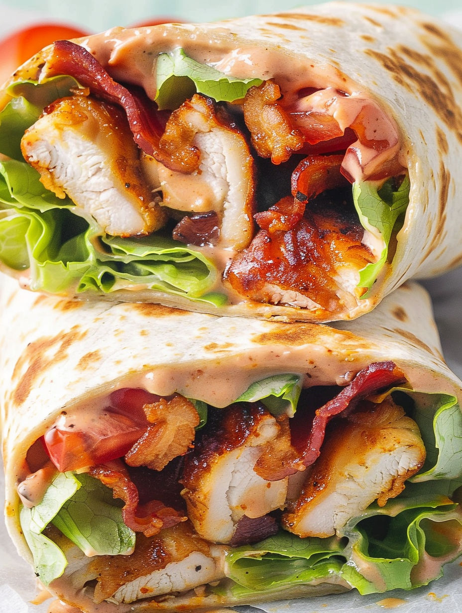 A BBQ chicken wrap with lettuce and bacon.