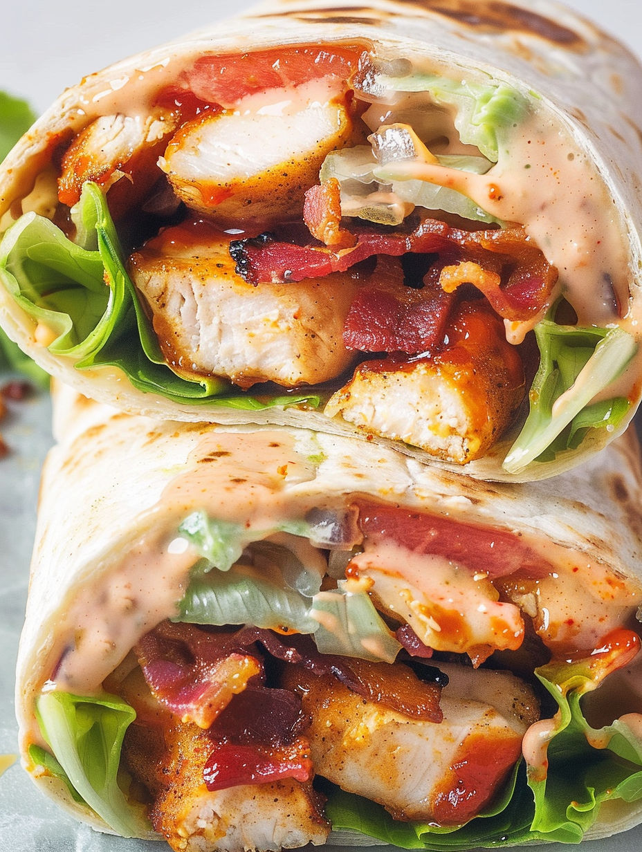 A BBQ chicken wrap with lettuce and sauce.