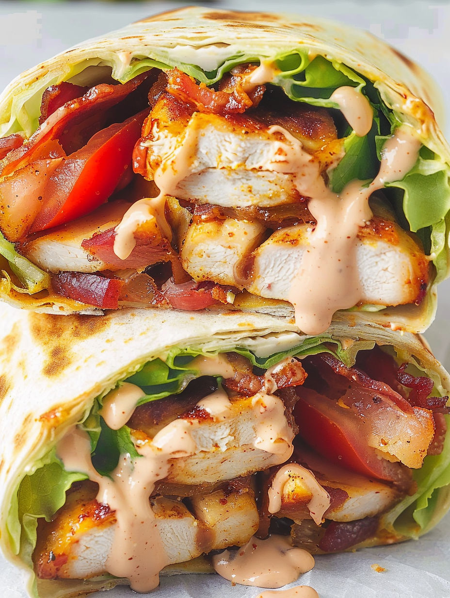 A BBQ chicken wrap with lettuce, tomato, and bacon.