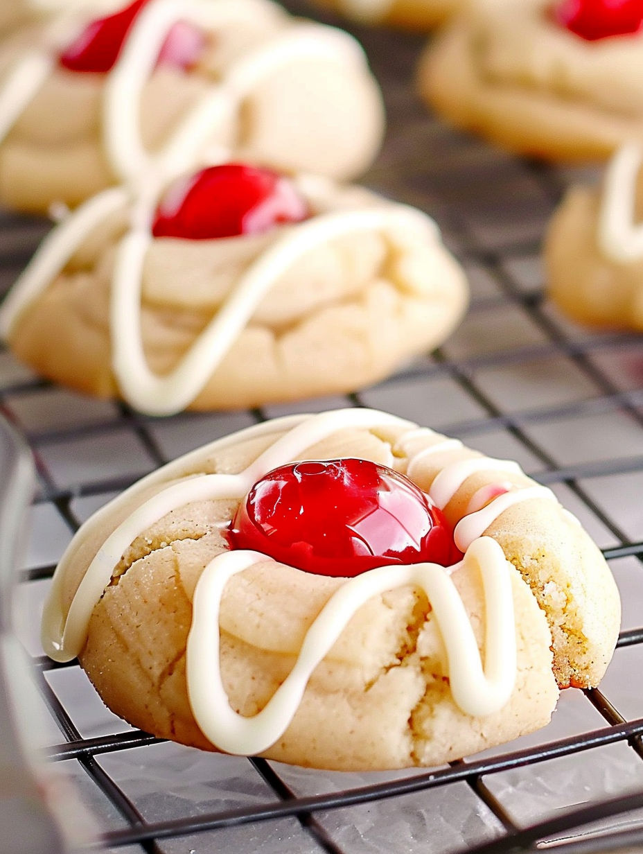 A batch of cookies with white icing and a cherry on top.