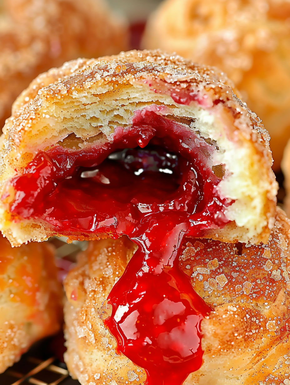 A close up of a cherry pie bomb with a bite taken out of it.