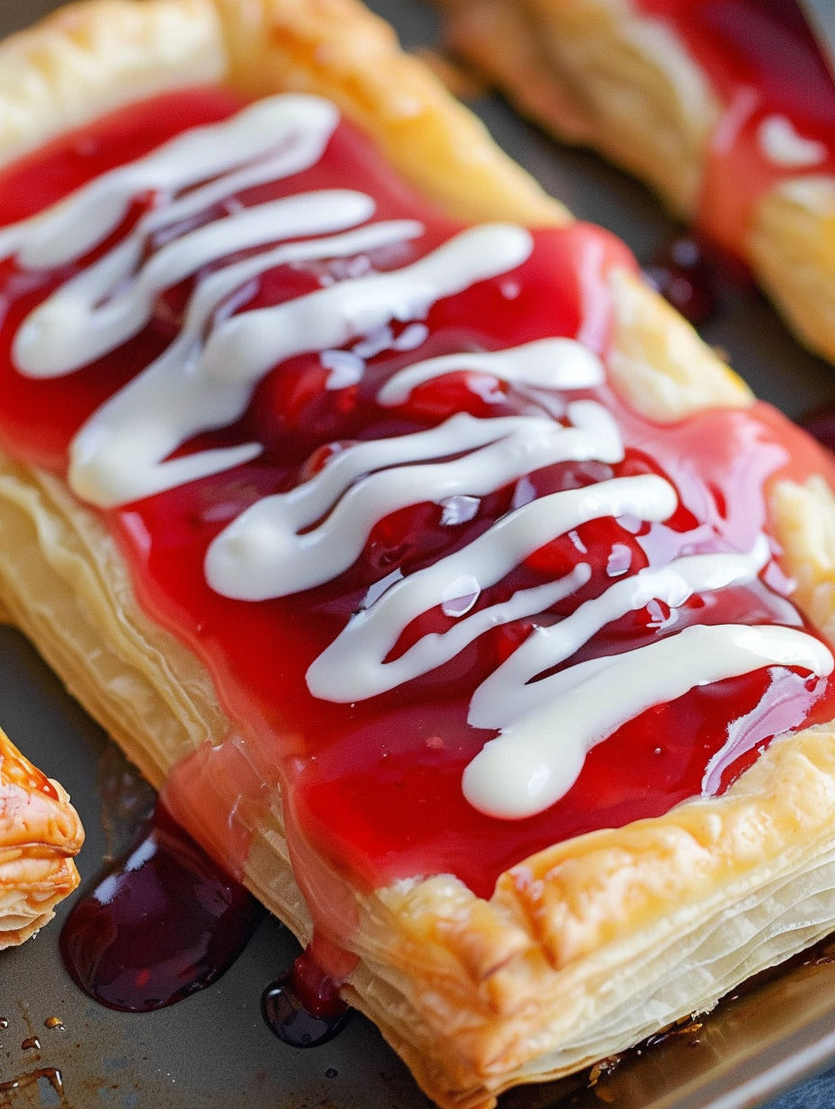 A pastry with cherries and whipped cream on top.