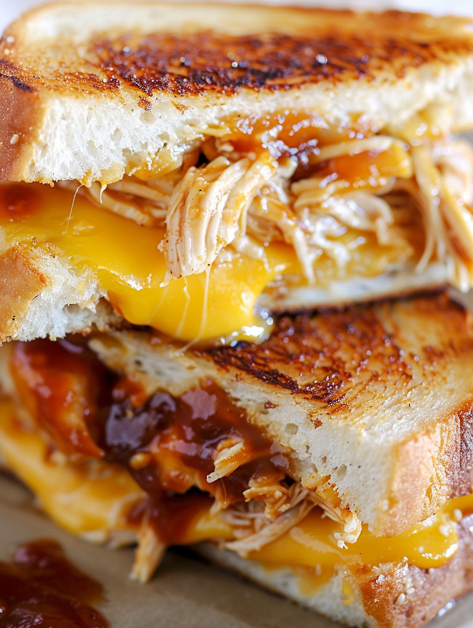 A grilled cheese sandwich with BBQ chicken.