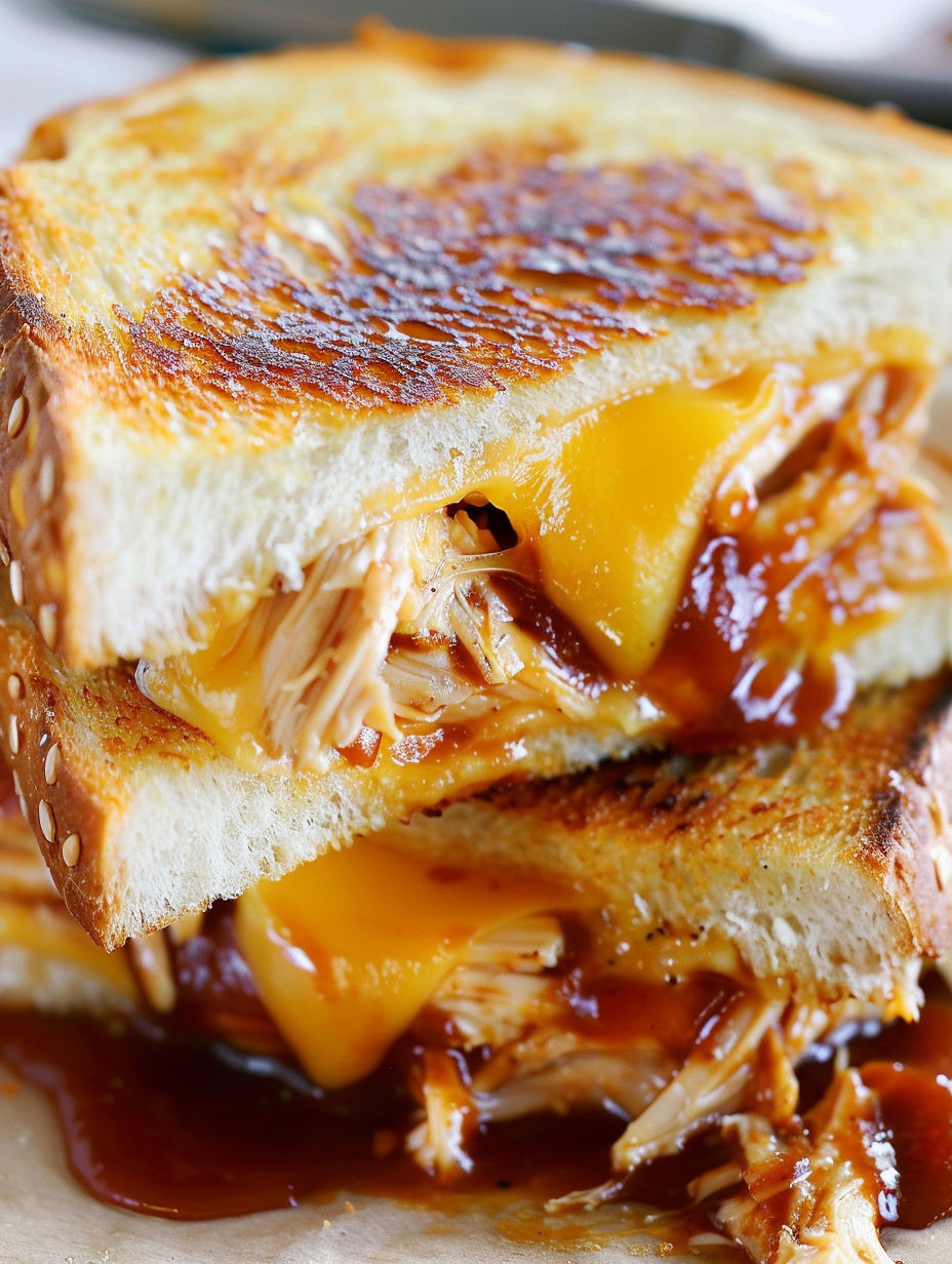 A grilled cheese sandwich with BBQ chicken.