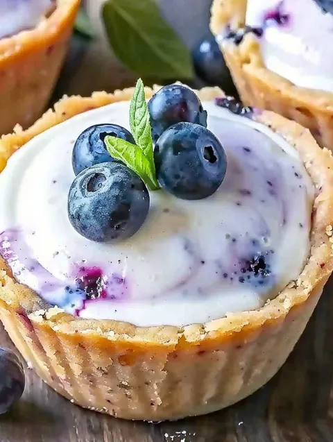 A blueberry cheesecake cookie cup with a blueberry on top.