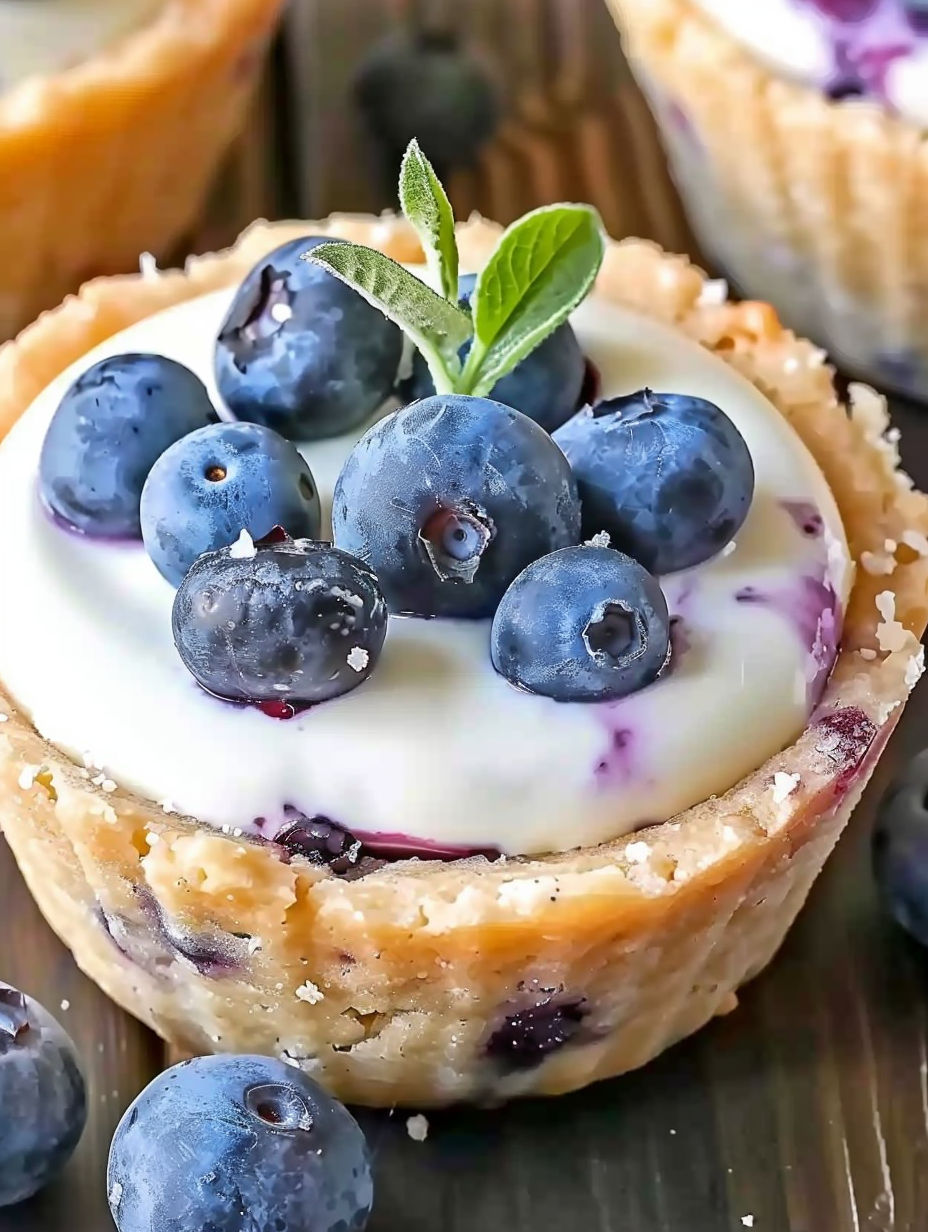 A blueberry cheesecake cookie cup with a blueberry on top.