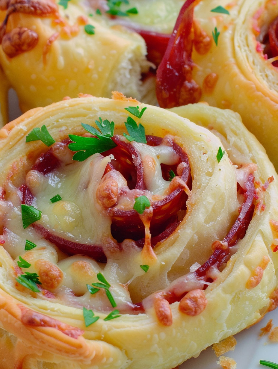 A close up of a pizza pinwheel with cheese and meat.