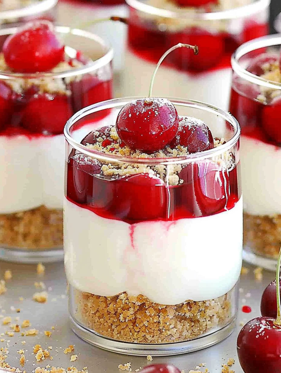 A glass of cherry cheesecake parfait.