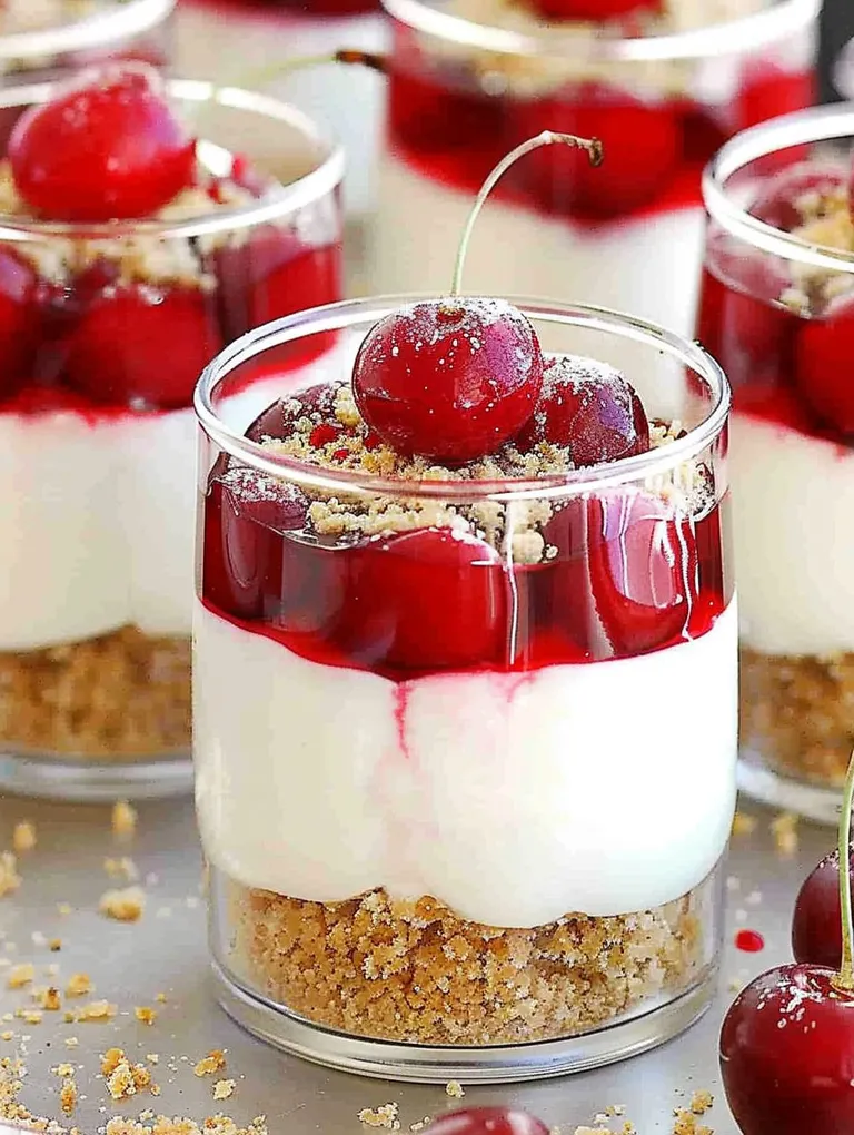 A glass of cherry cheesecake parfait.