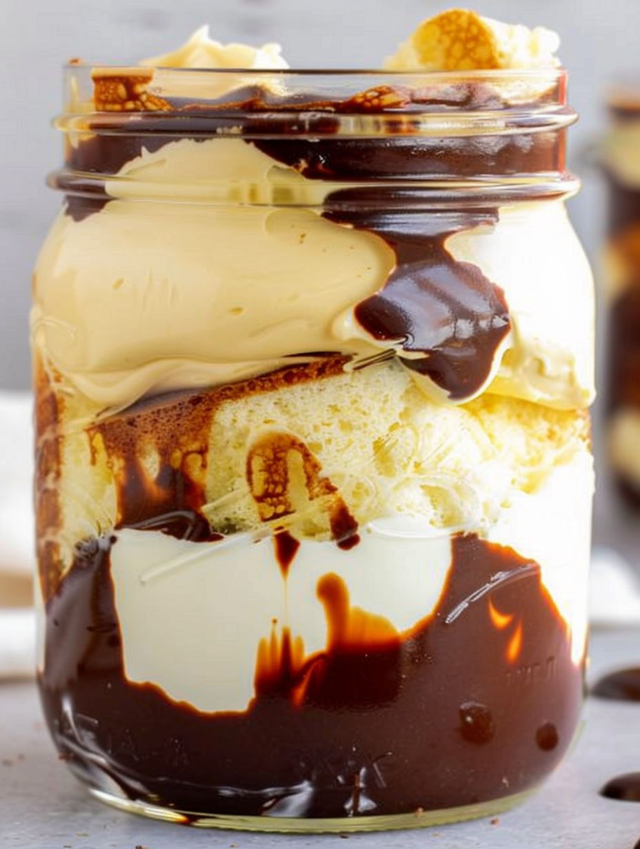 A mason jar filled with a Boston cream pie dessert.