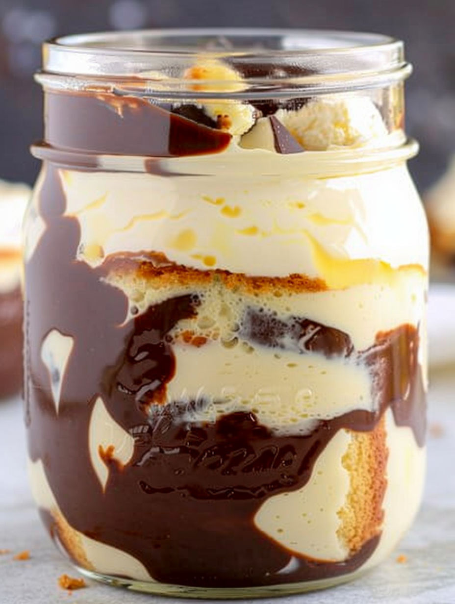 A mason jar filled with a Boston cream pie dessert.