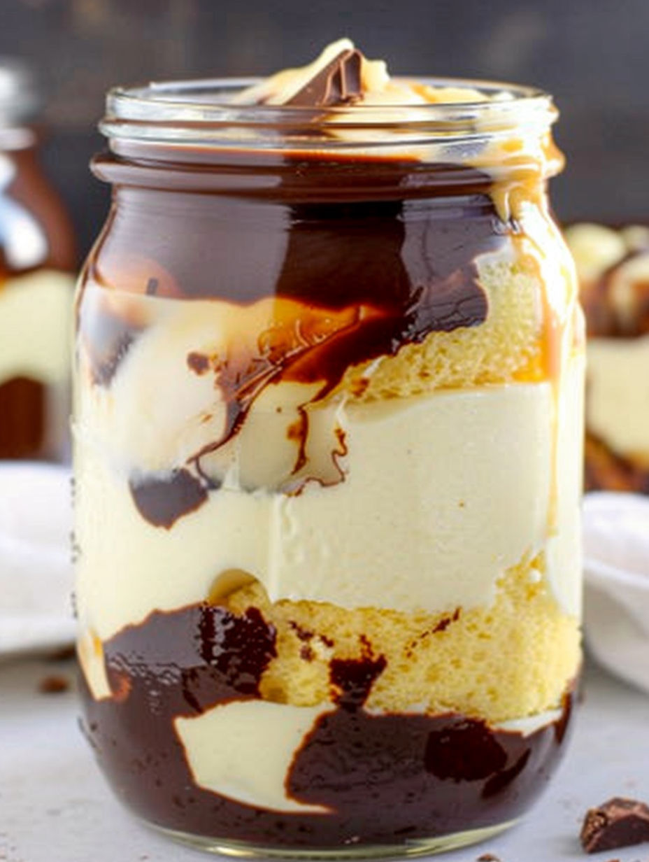 A mason jar filled with a dessert that includes chocolate and cream.
