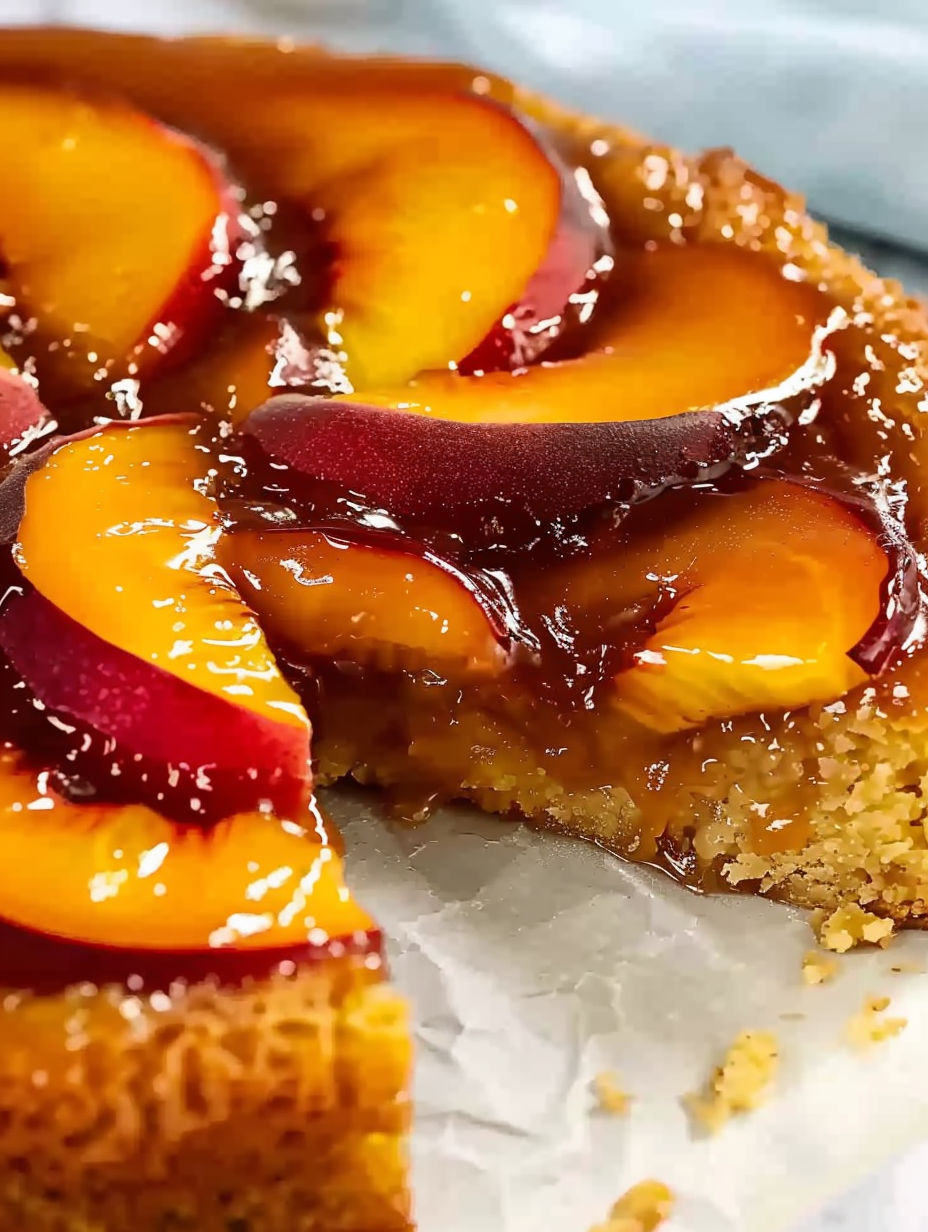 A slice of bourbon peach upside down cake.