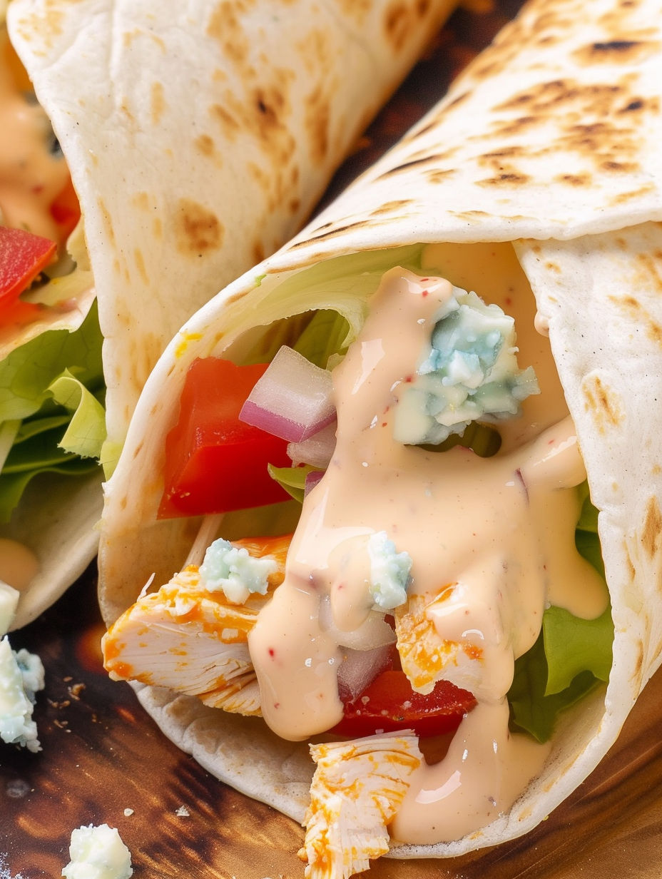 A buffalo chicken wrap with lettuce and tomato.