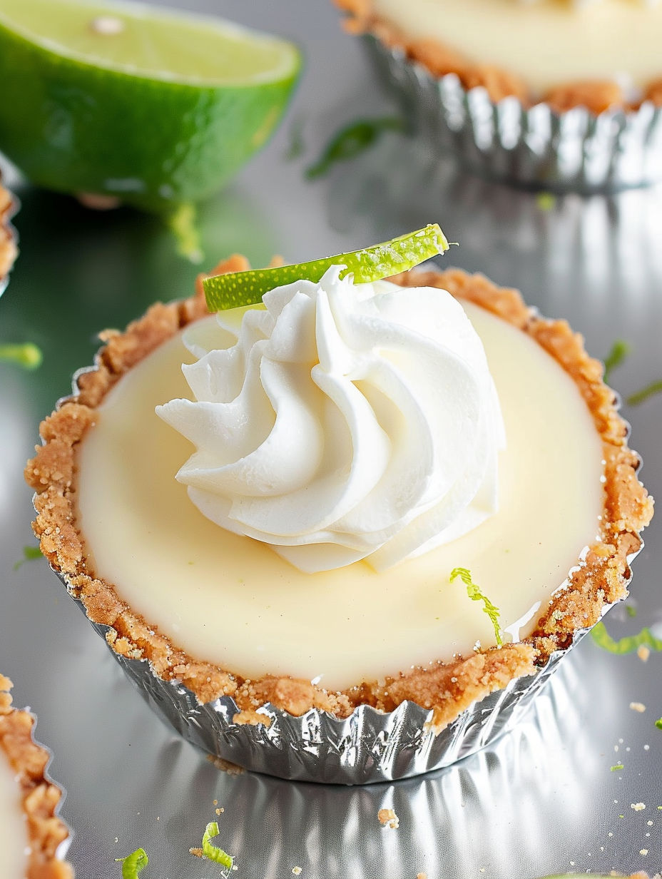 A slice of a mini key lime pie with whipped cream on top.