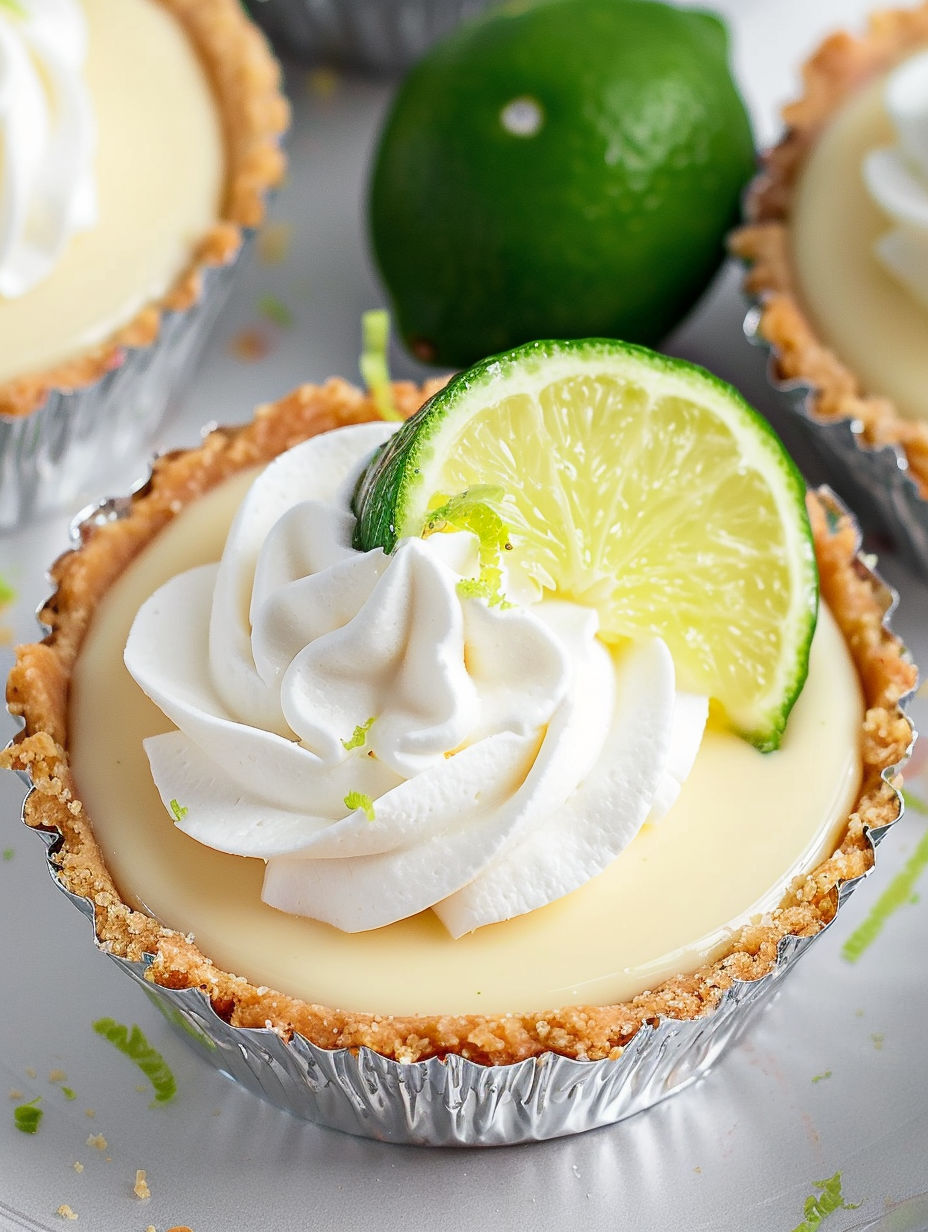 A slice of a mini key lime pie with a green lime wedge on top.
