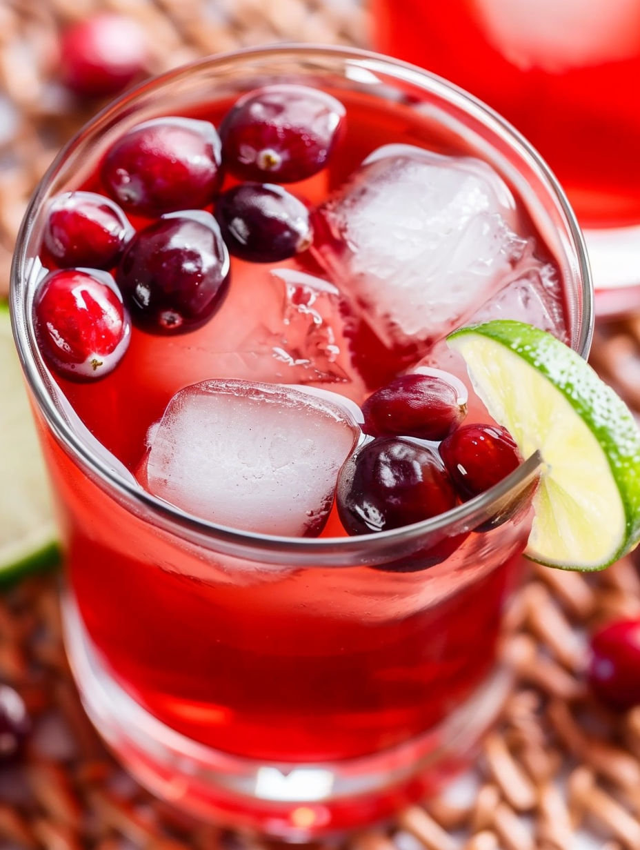 A glass of cranberry margaritas with ice and a lime wedge.