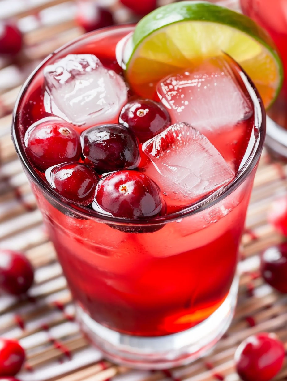 A glass of cranberry margarita with a lime wedge.