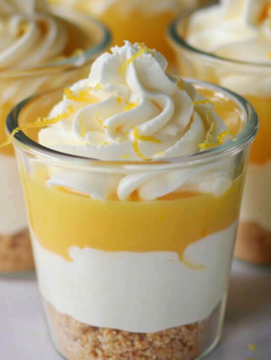 A glass of lemon parfait with whipped cream.