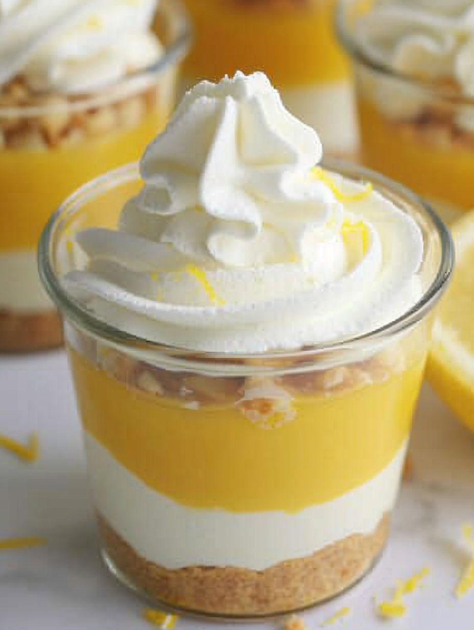 A glass of lemon parfait with whipped cream on top.