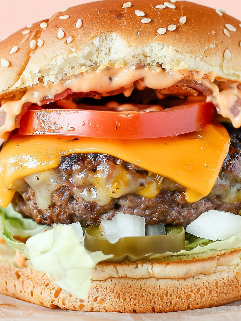 A close up of a cheeseburger with tomatoes and jalapenos.