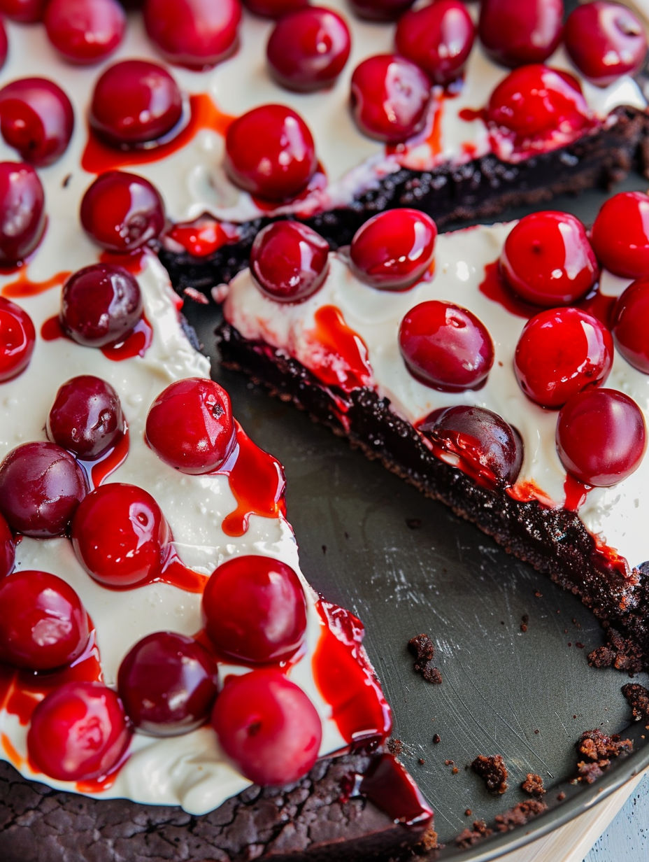 A slice of chocolate cherry brownie dessert pizza.