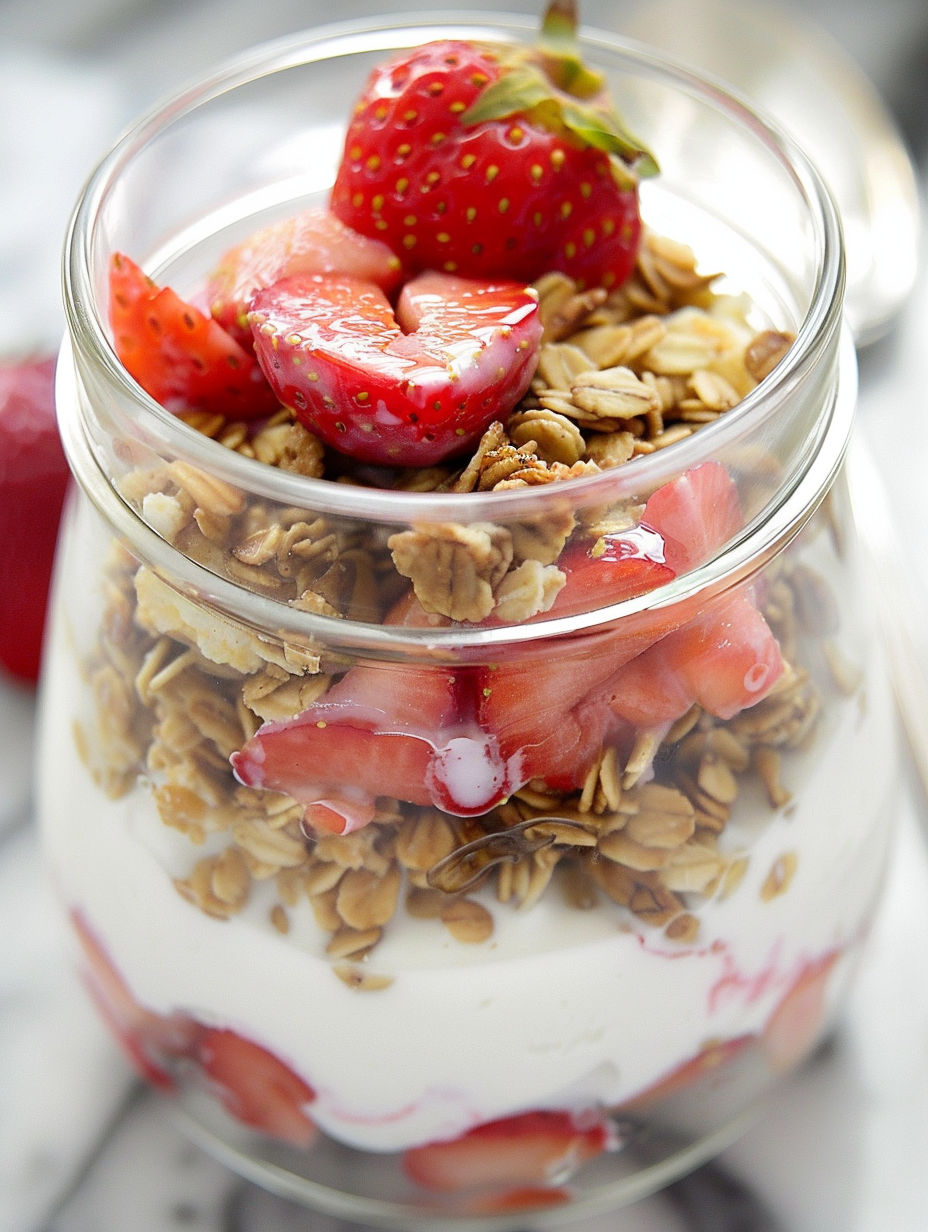 A glass of strawberry cheesecake breakfast parfait.