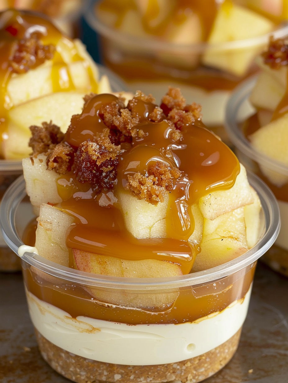A dessert with caramel and apples.