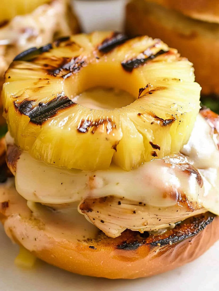 A pineapple slice on top of a sandwich.