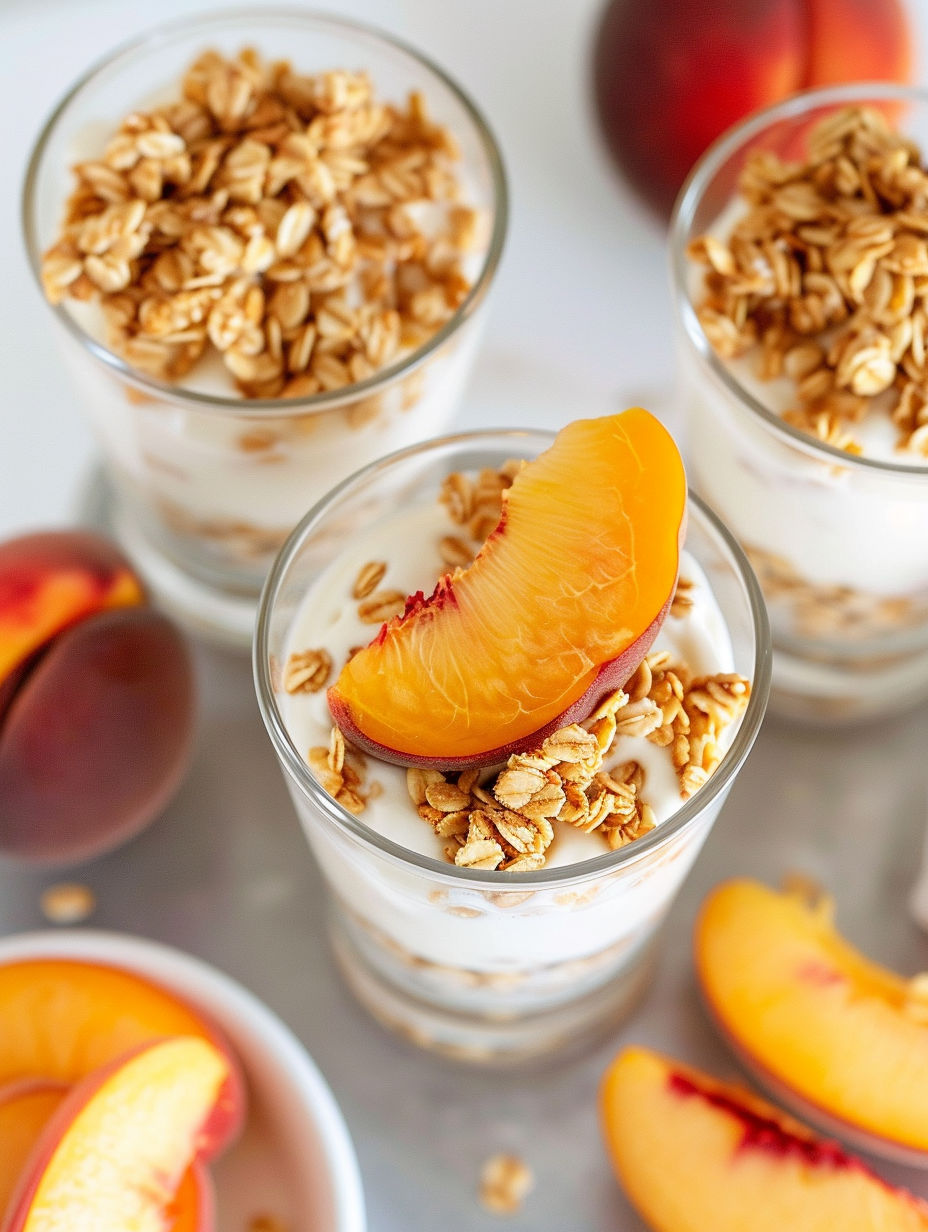 A glass of granola and yogurt with a peach slice on top.