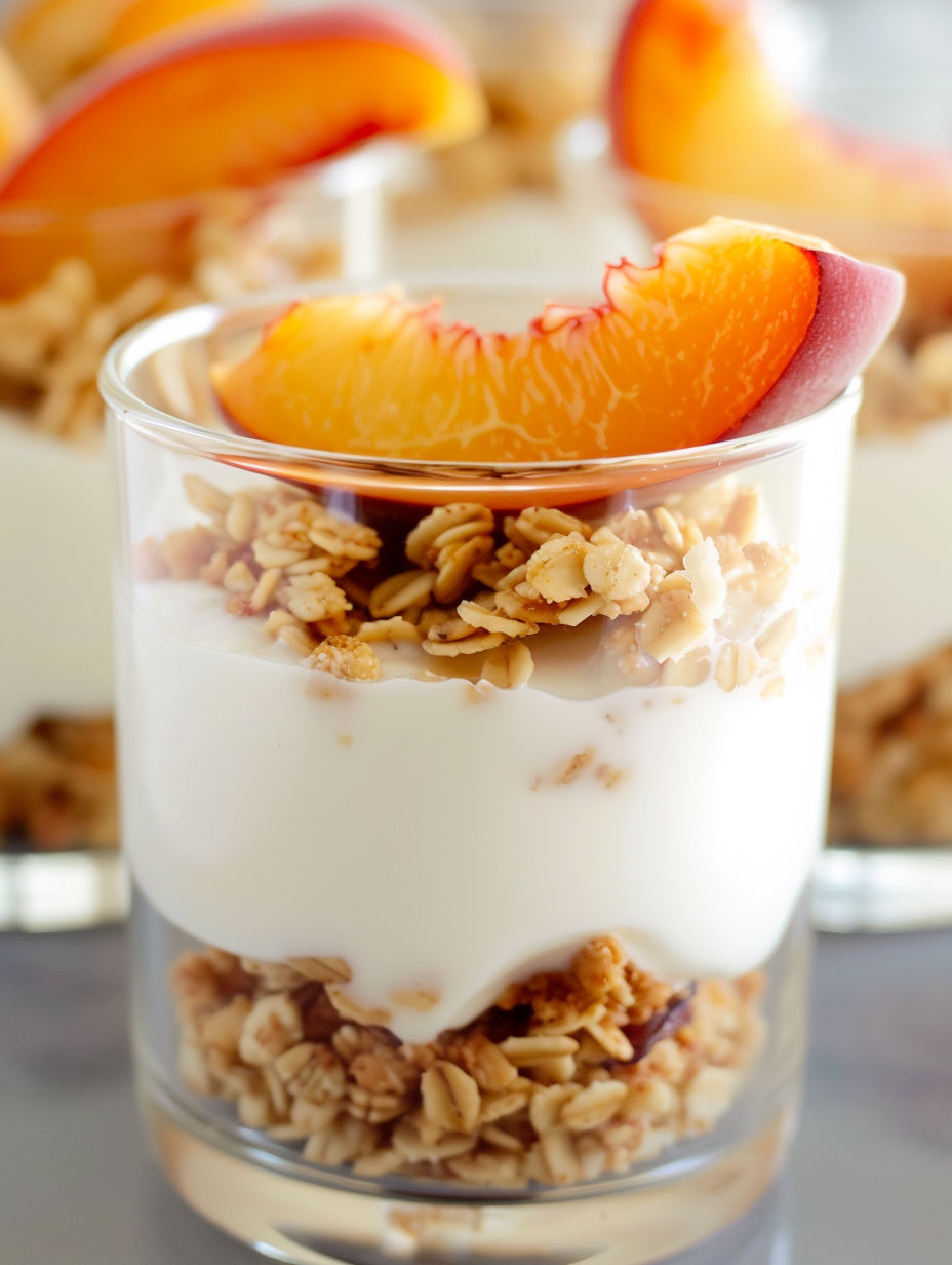 A glass of granola and yogurt.